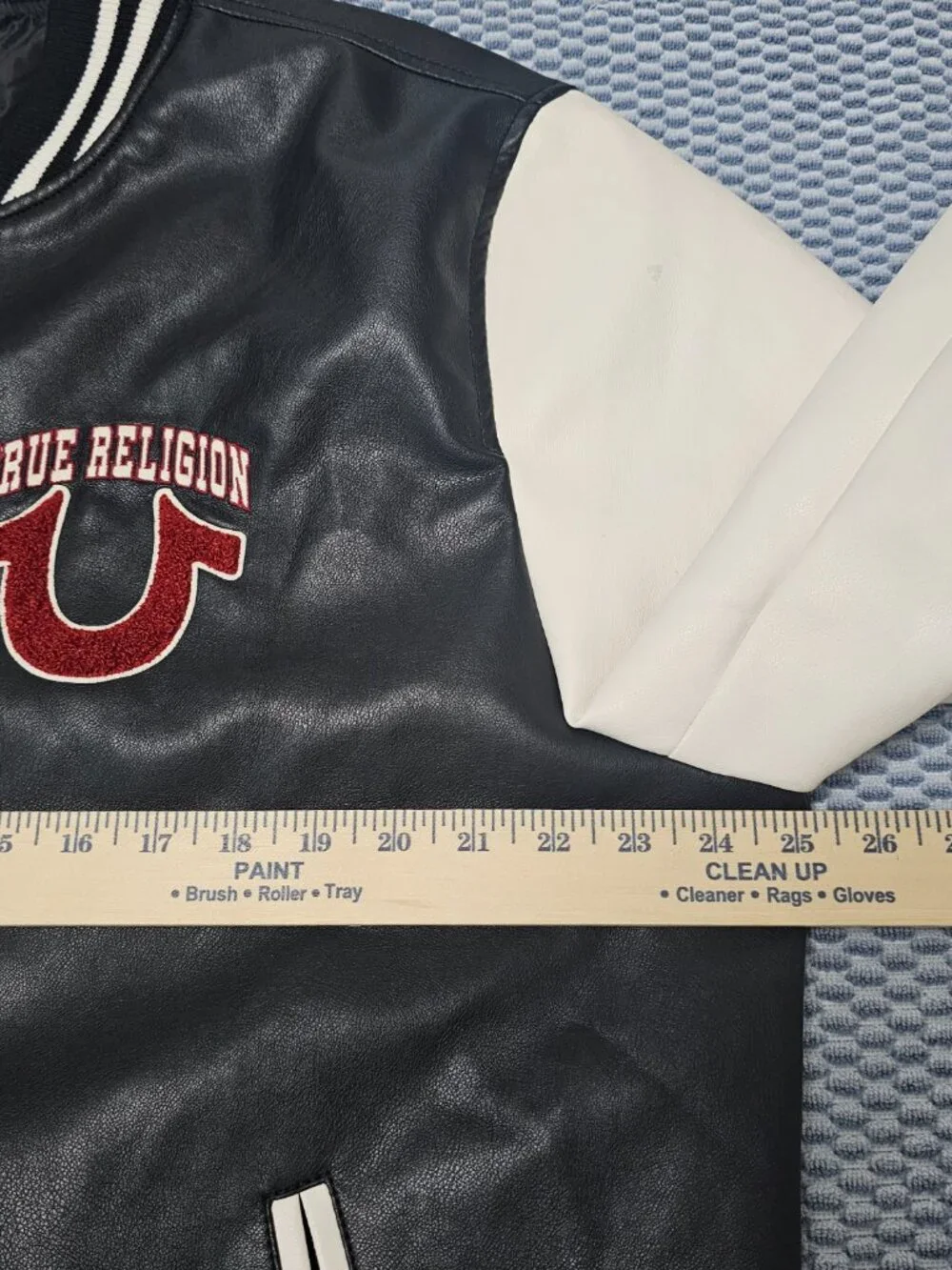 True Religion Black White Vegan Leather Varsity Men's Jacket - Size Large